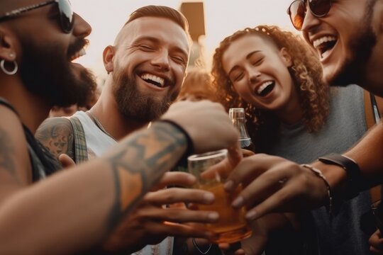 Vibrant social scene at an outdoor festival concert, with a cheerful crowd enjoying the atmosphere and each other's company. People can be seen drinking beer and having a good time Generative AI