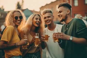 Vibrant social scene at an outdoor festival concert, with a cheerful crowd enjoying the atmosphere and each other's company. People can be seen drinking beer and having a good time Generative AI