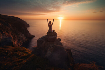 An inspiring scene of a young woman doing yoga on the edge of a cliff overlooking the ocean with her arms in the air at sunset.. Generative Ai