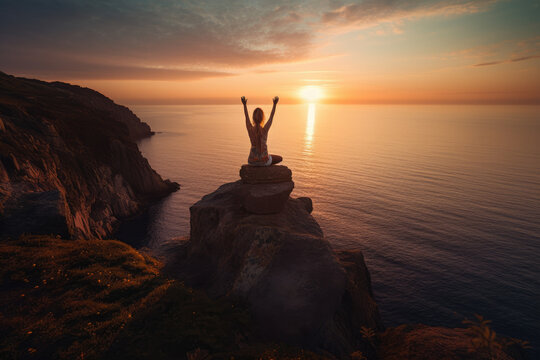 An inspiring scene of a young woman doing yoga on the edge of a cliff overlooking the ocean with her arms in the air at sunset.. Generative Ai