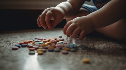 A Young Toddler Has Found Some Rainbow Fentanyl PIlls At Home - Generative AI.