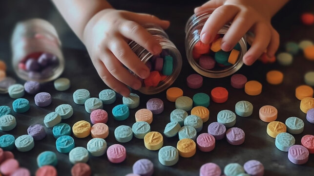 A Young Toddler Has Found Some Rainbow Fentanyl PIlls At Home - Generative AI.
