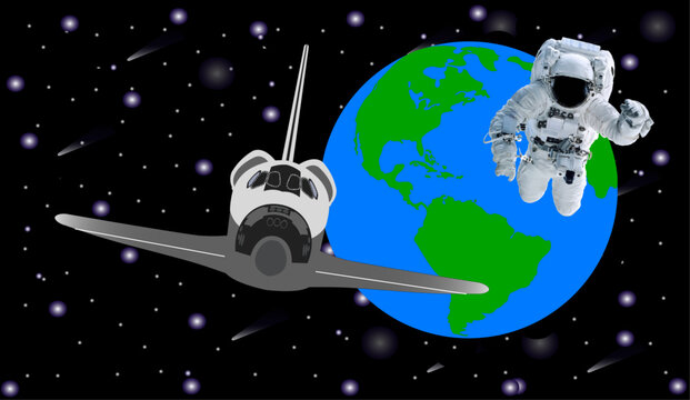 Space Astronaut flying near space shuttle and earth planet. Elements of this vector illustration were furnished by NASA