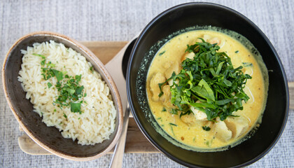 top view of plate of curry and rice