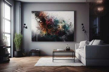Blank canvas on wall in bright living room with 3D design. Generative AI