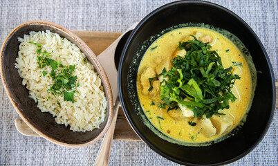 top view of plate of curry and rice