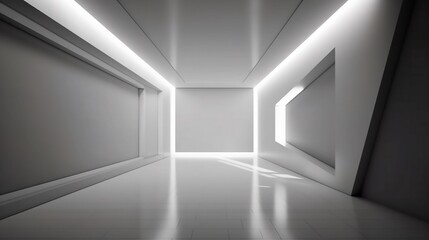 Contrast and texture in a minimalist 3D interior: white geometric wall and light floor, created using generative AI