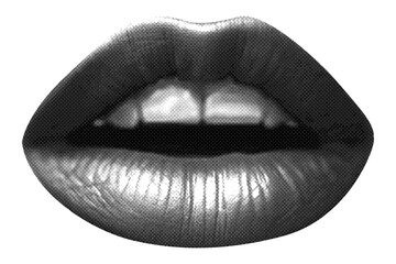 lips isolated mouth with tongue out teeth in retro halftone texture vintage dotted pop art style collage elements for mixed media design grunge punk crazy templates