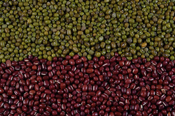 Red and green soybeans filling the image, divided horizontally.