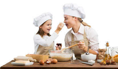 The beautiful young mother and her little daughter cooking