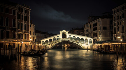 Rialto bridge and Grand Canal in Venice, Italy. View of Venice Grand Canal with gandola. Architecture and landmarks of Venice. generative ai