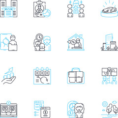 Position linear icons set. Leadership, Management, Innovation, Communication, Collaboration, Adaptability, Decision-making line vector and concept signs. Organization,Strategy,Creativity outline