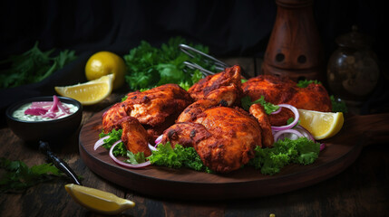 Homemade tandoori chicken served with salads, arabian spicy food concept, generative ai