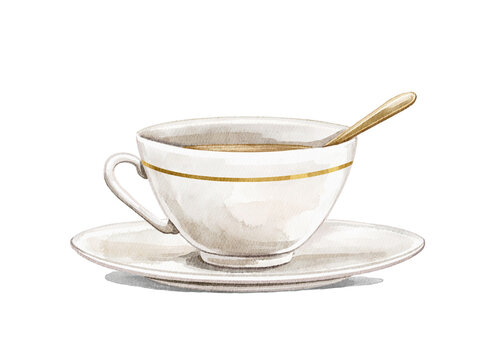 Watercolor vintage tea cup on saucer with golden spoon isolated on white background. Hand drawn illustration sketch