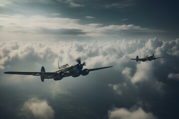 Fototapeta na wymiar Two WWII aircraft soar amid clouds. Generative AI