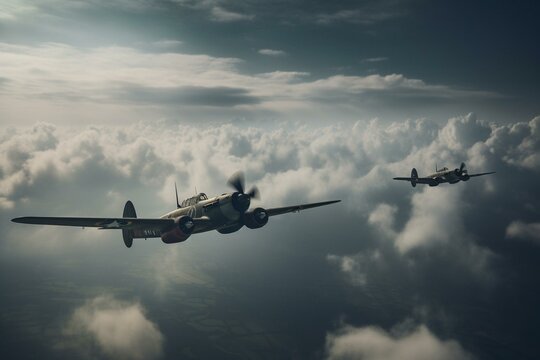 Two WWII aircraft soar amid clouds. Generative AI