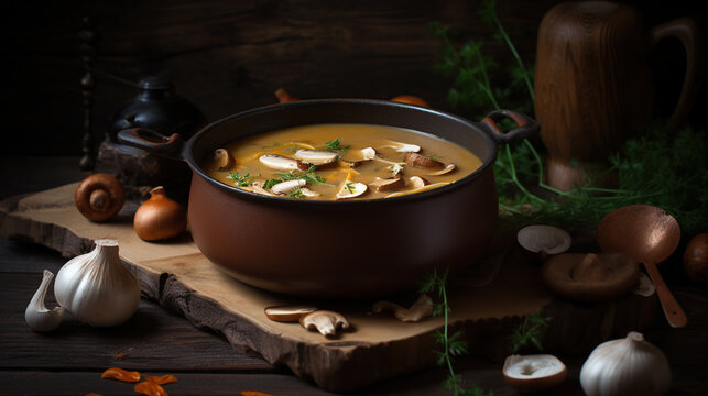 Delicious hot porcini soup in copper pan. Tasty seasonal autumn meal. Fresh mashrooms illustrate ingredients. Concept of homemade russian food. Dark wooden background, generative ai