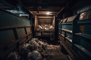 A truck loading a recycling container while trash dumpsters overflow with garbage. Generative AI
