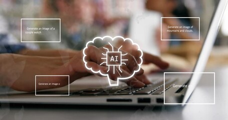 Animation of ai text and data processing and caucasian woman using laptop - Powered by Adobe