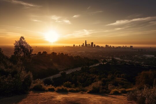 Sunrise view of Los Angeles, CA. Generative AI