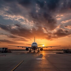 Fototapeta na wymiar airplane at sunset approach in the airport of a beautiful beautiful sky. generative ai