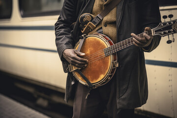 A man holding a banjo and standing in front of a train with his hand on the guitar's neck.. Generative Ai