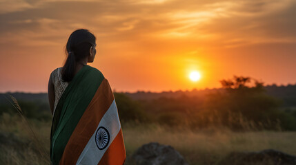 Woman holding indian flag and looking at sunset, generative ai