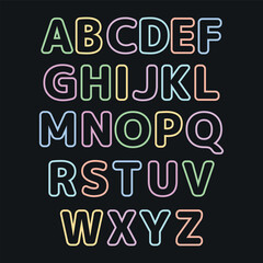 Funny multicolored alphabet. Drawing font for children. Flat isolated vector illustration on black background. Children's font in the cartoon style. Vector illustration of an alphabet. Line art