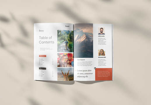 Open Magazine Mockup with Plant Shadows on a Customizable Background