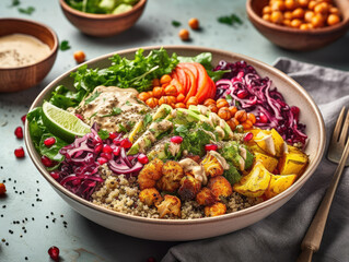 A flat lay shot of a salad bowl with quinoa, vegetables, and a fork on a table with other dishes around.. Generative Ai