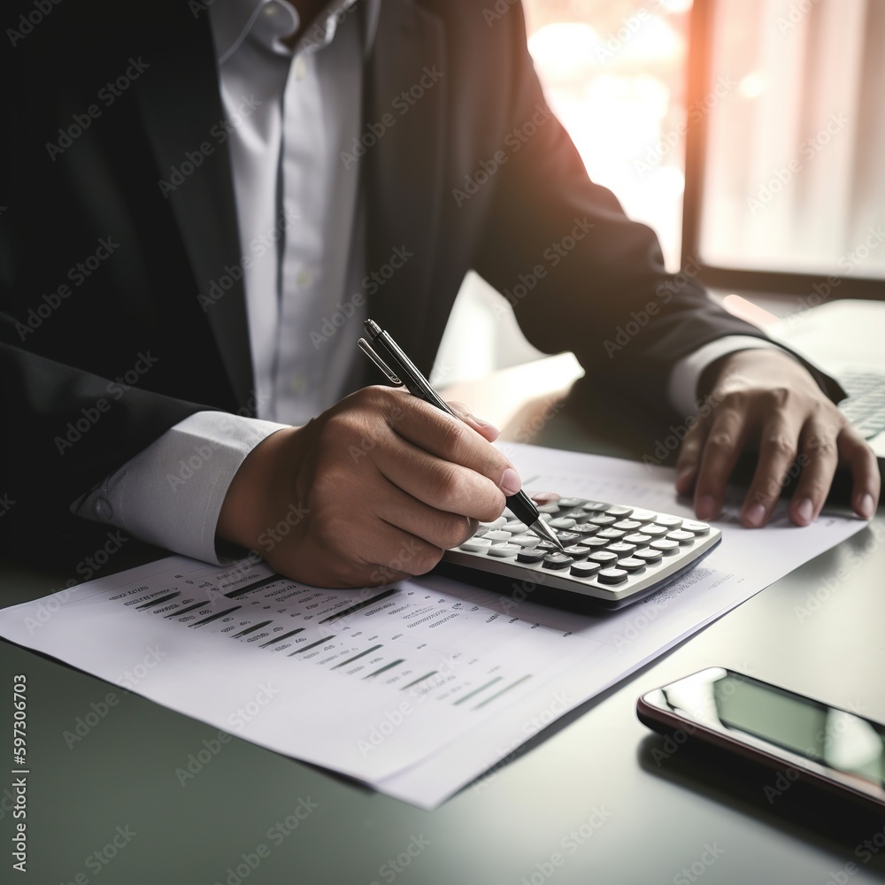 Poster Businessman working with using a calculator to calculate the numbers of financial and analyzing sales data on economic growth graph chart, Banking and finance, Digital marketing. generative ai