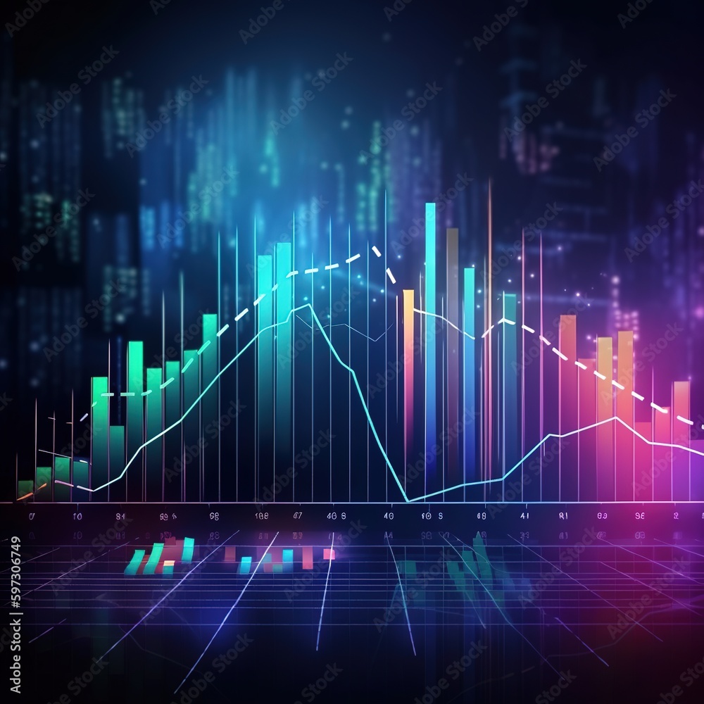 Poster graph on black, Chart of business data graph diagram and growth financial graphic report information on futuristic finance background with stock market economy infographic. generative AI