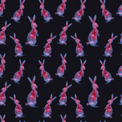 Galactic hare on a dark background. Fantastic pattern. Animal hand painted.Great for decorating children's room,children's clothes,wallpaper.