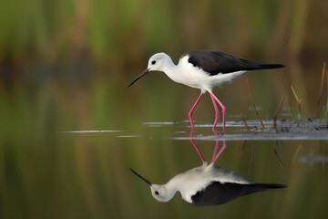 Obraz premium Black-winged Stilt (Europe, Asia, Africa, Australia) - A tall wading bird with black and white plumage and long pink legs (Generative AI)