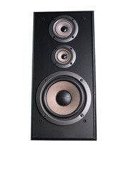 A speaker box in oak finish, against a white background for easy extraction.