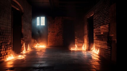 illustration, fire sparks on the old brick wall, ai generative