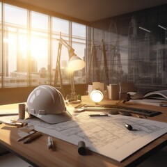 Architect concept and architectural project desk in construction site or office building with mining light. generative ai