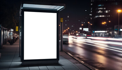 Empty white billboard mockup at bus stop, Blank advertisment placard for marketing banner or ad, Roadside verticle blank billboard mockup in city in night, Bus stand ad display mockup, generative ai, 