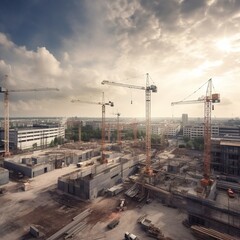 construction site with construction cranes as panorama background. generative ai