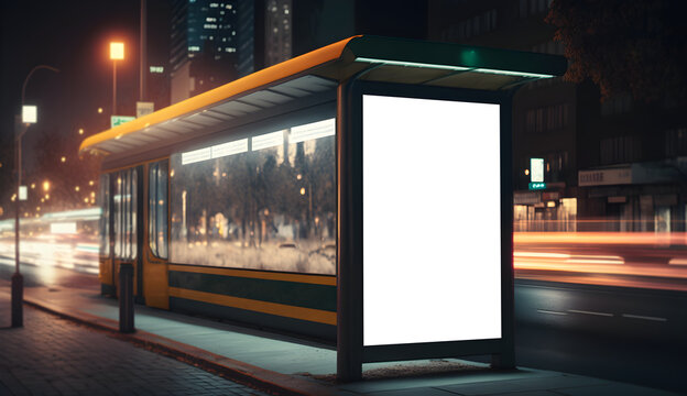 Empty White Billboard Mockup At Bus Stop, Blank Advertisment Placard For Marketing Banner Or Ad, Roadside Verticle Billboard Mockup In City In Night, Bus Stand Ad Display Mockup, Generative Ai