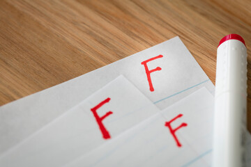 Bad grade F is written with red pen on the tests.  - obrazy, fototapety, plakaty
