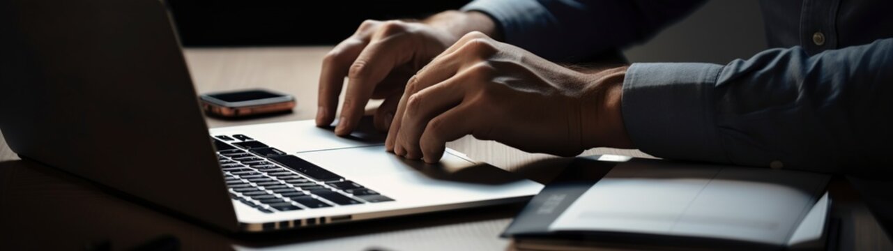 illustration, a businessman working on a laptop at an office table, webside header, ai generative
