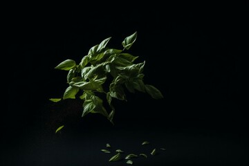 Isolated falling basil leaves. Generative AI