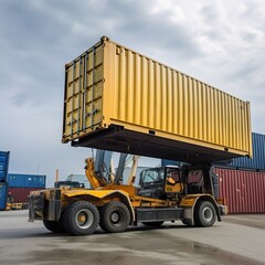 At the port, an industrial port crane lifts up and loads export containers boxes onboard from a truck. generative ai