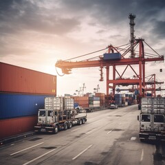 crane loads cargo containers on container ships that are waiting in the international terminal logistic container depot sea port freight shipping. generative AI