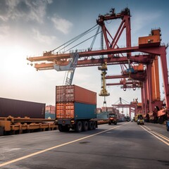 industrial port crane lift up loading export containers box onboard from truck at port. generative ai