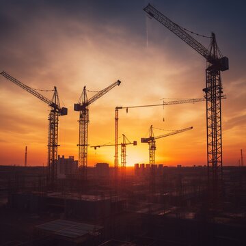 Construction site at dusk with cranes all around and tall skyscrapers in various phases of construction. generative ai