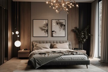 Contemporary bedroom interior with lighting - 3D render. Generative AI