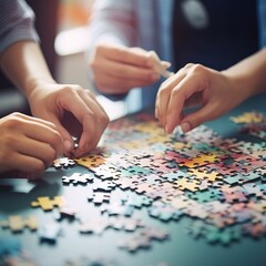 Fototapeta premium hands holding puzzle pieces, teamwork and integration closeup for planning. Team, hand and synergy with problem solving, partnership. generative ai