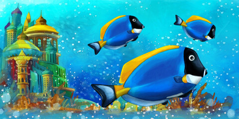 Fototapeta na wymiar cartoon scene with fishes in the beautiful underwater kingdom coral reef - illustration for children artistic painting scene